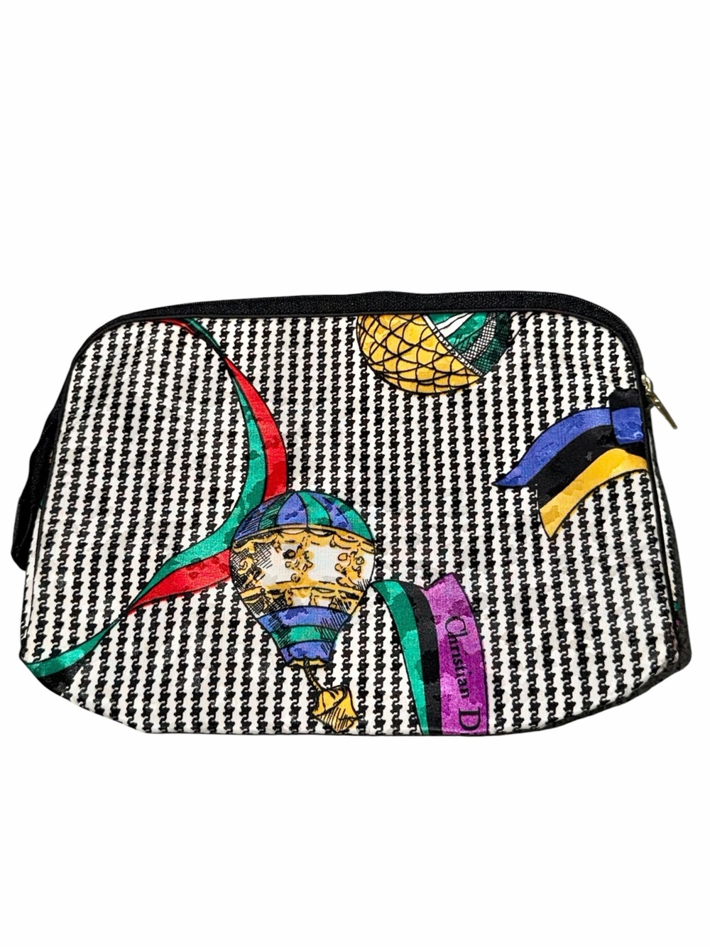 Vintage Christian Dior Balloon Houndstooth Ribbon Logo Cosmetic Case Makeup Bag